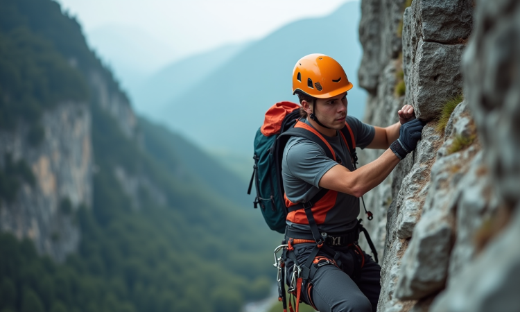 Jeune grimpeur en falaise rocheuse en pleine concentration