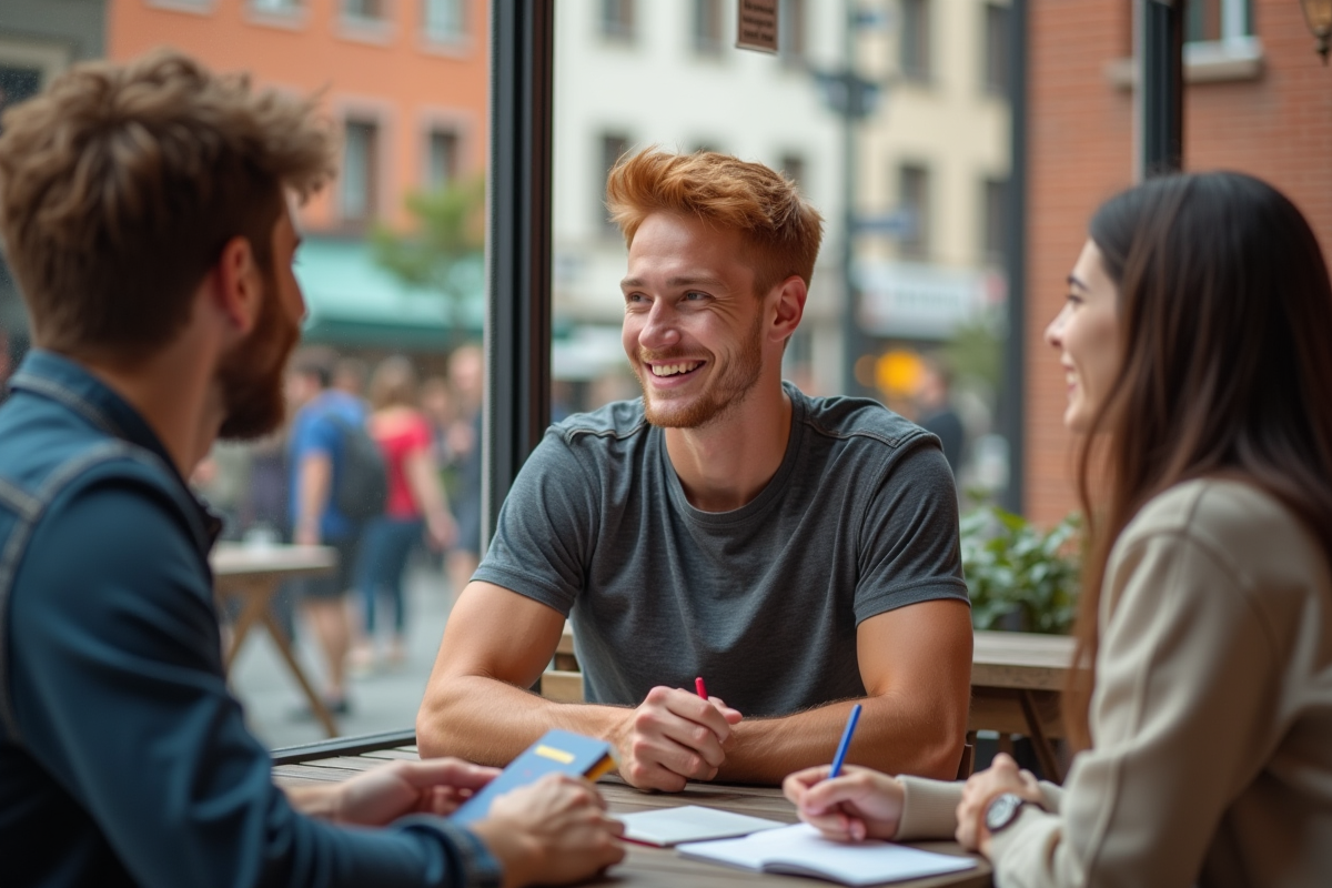 Jeune homme souriant avec amis dans un café en ville