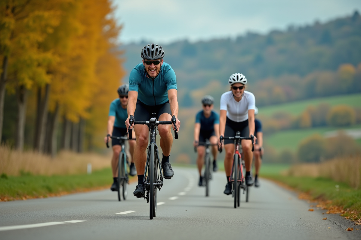 Groupe d adultes en cyclisme sur route dans la campagne ensoleillee
