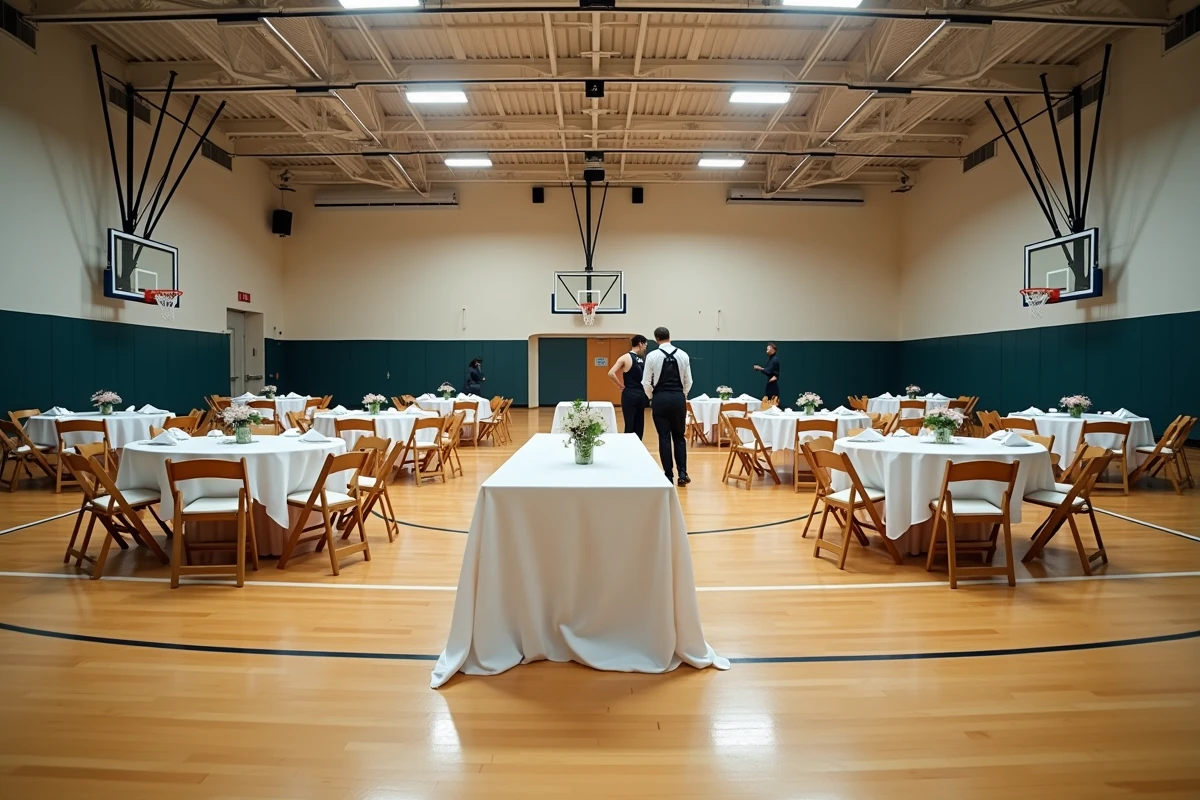 Gymnase sportif transformé en salle de réception pour un événement privé avec tables rondes et décoration sobre