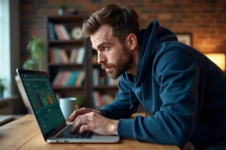 Homme concentré analysant des statistiques de paris sportifs sur un laptop via l'application Infonet 5