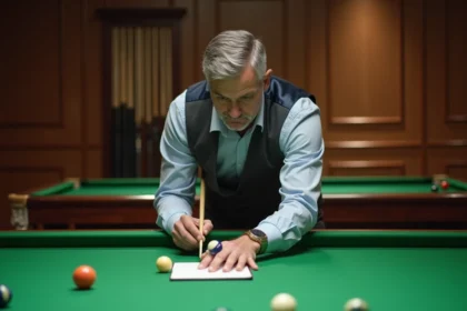 Homme d'âge moyen calculant angles sur une table de billard