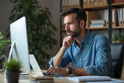 Homme d'âge moyen travaillant sur son ordinateur dans un bureau à domicile