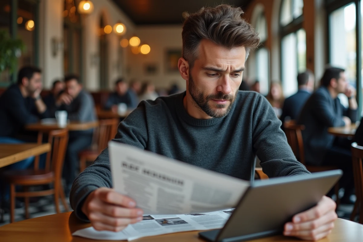 Homme comparant une une de journal imprimée et une version PDF sur tablette dans un café parisien