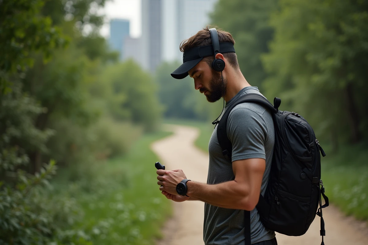 Jeune homme en course dans la nature avec écouteurs sans fil