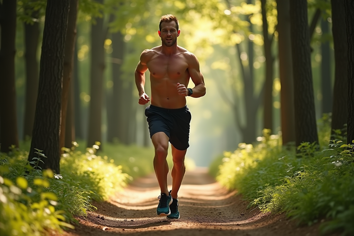 Homme athlétique courant en forêt avec muscles visibles