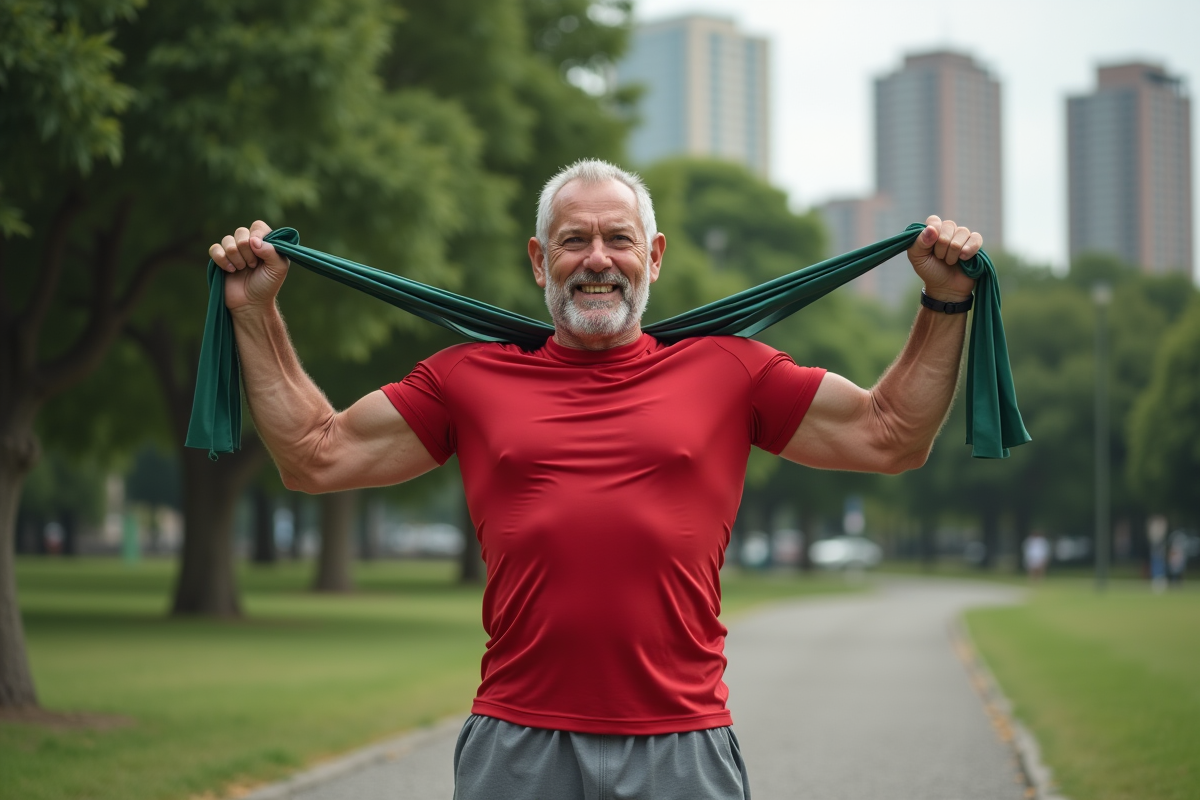 Homme faisant des exercices avec bande dans un parc urbain