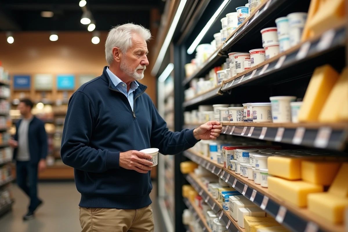 Homme âgé choisissant un yaourt dans une épicerie