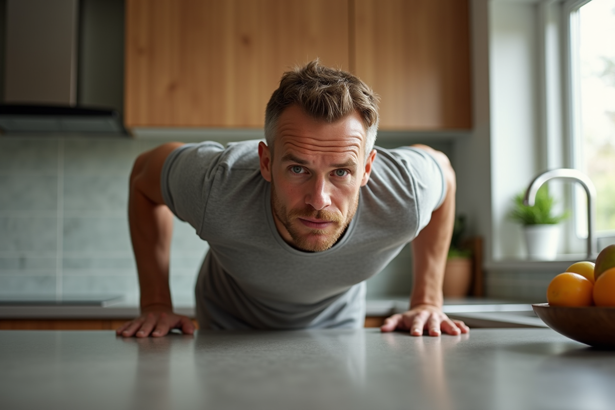 Homme faisant des pompes dans la cuisine à la maison