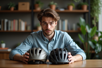Jeune homme réfléchissant à deux casques de vélo à la maison