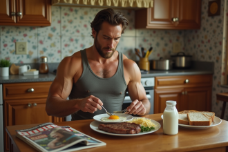 Homme musclé en cuisine vintage préparant un repas