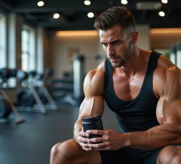 Homme musclé en salle de sport lisant une étiquette de supplément