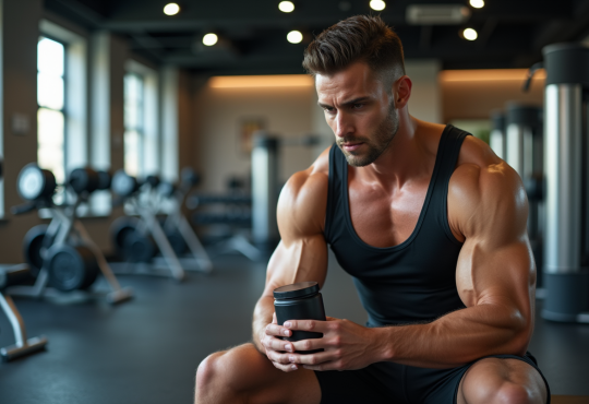 Homme musclé en salle de sport lisant une étiquette de supplément