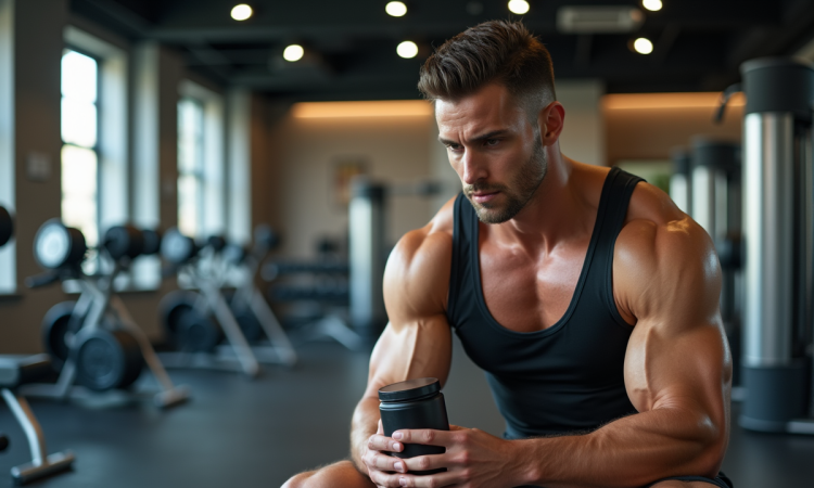 Homme musclé en salle de sport lisant une étiquette de supplément