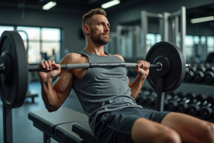 Homme musclé en salle de sport lors d'un développé couché