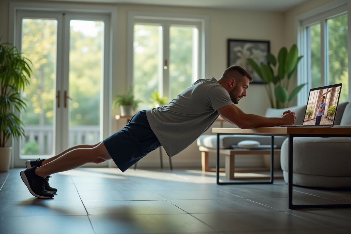 Homme faisant des push-ups en regardant une vidéo d