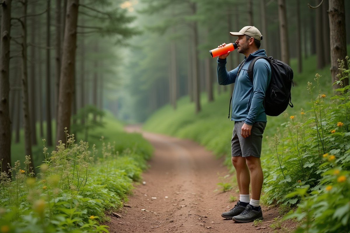 Homme en randonnée buvant une boisson énergie dans la nature