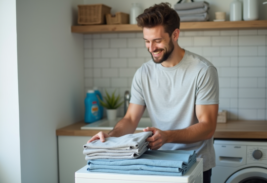 Homme détendu pliant des vêtements dans une buanderie moderne