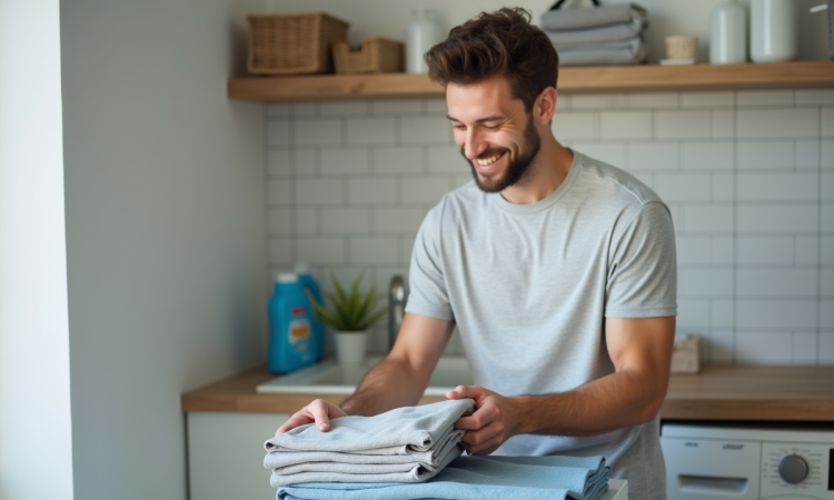 Homme détendu pliant des vêtements dans une buanderie moderne