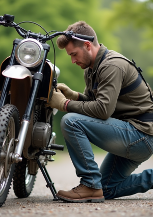 Homme ajustant la chaîne d'une dirtbike 125cc en extérieur