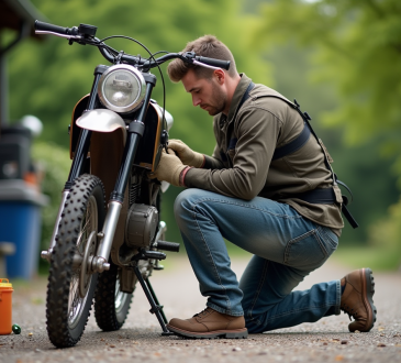 Homme ajustant la chaîne d'une dirtbike 125cc en extérieur
