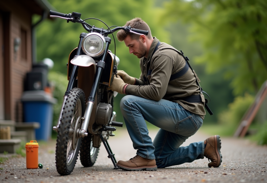 Homme ajustant la chaîne d'une dirtbike 125cc en extérieur