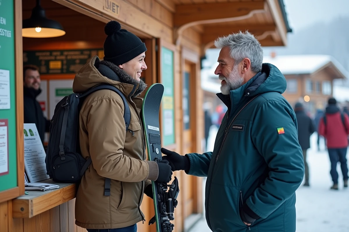 Homme avec un ski planyard discute avec un agent au guichet
