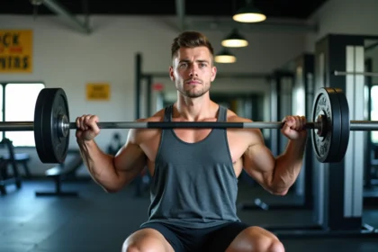 Jeune homme musclé faisant du développé couché en salle de sport