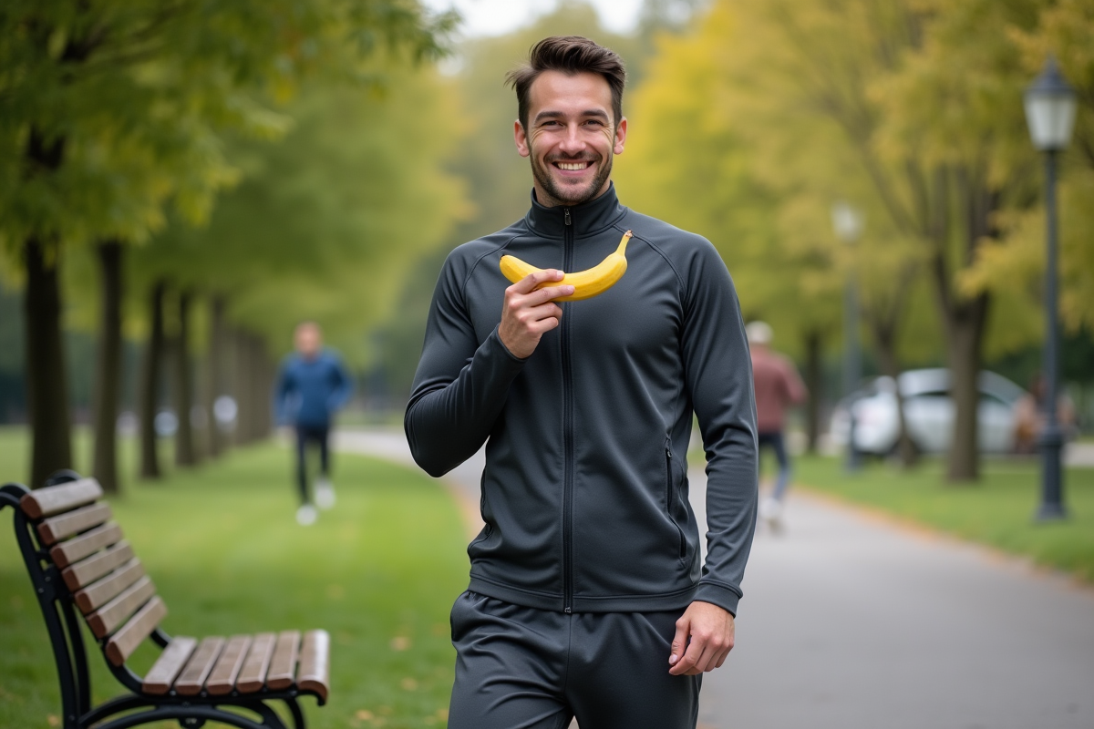 Homme en tenue de sport mangeant une banane dans un parc