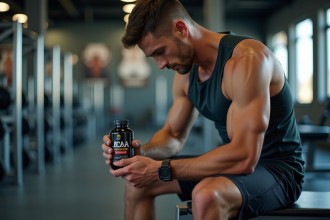 Homme sportif en salle préparant un BCAA