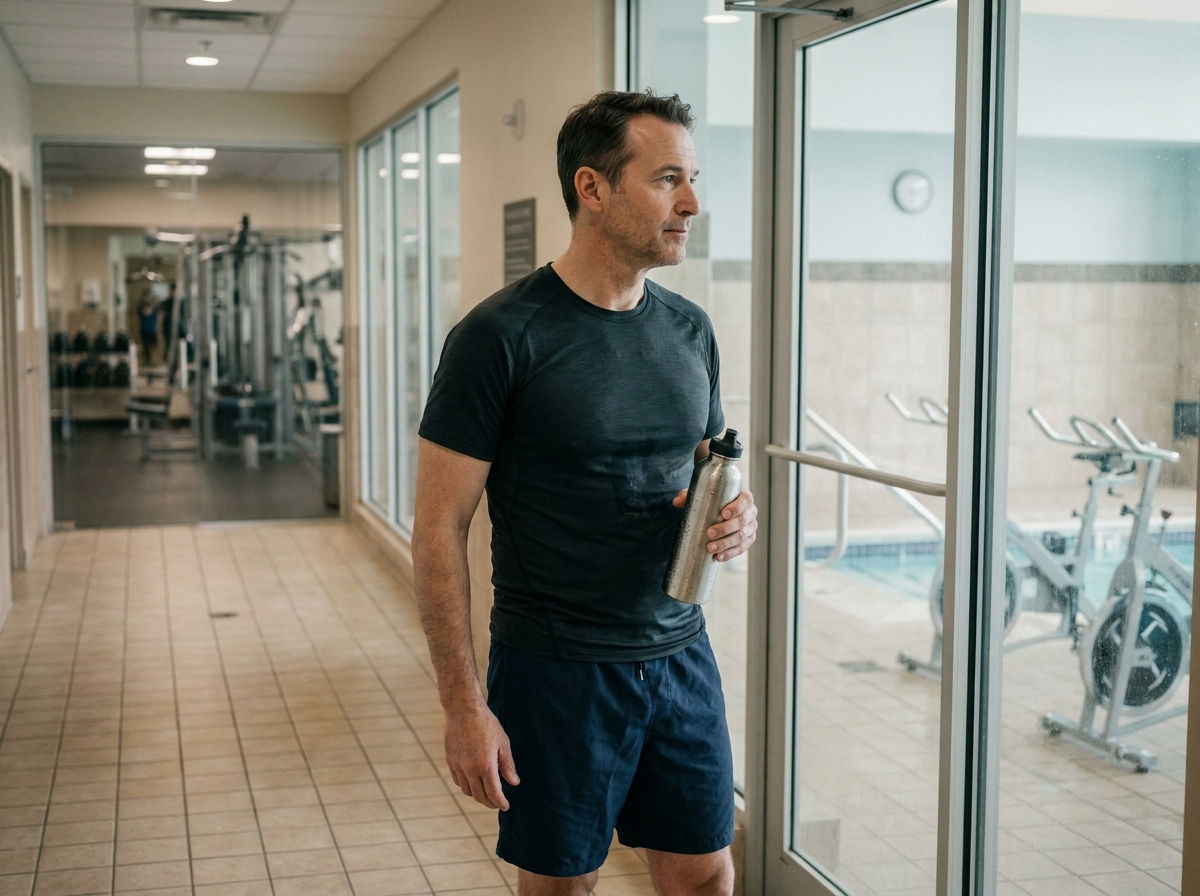 Homme adulte se dirigeant vers la piscine pour essayer l'aquabike, transition entre salle de sport et aquafitness