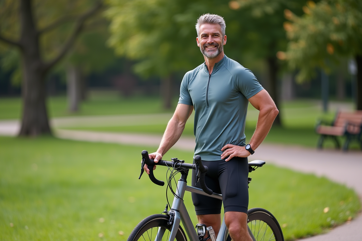 Homme en tenue de cyclisme dans un parc après une sortie