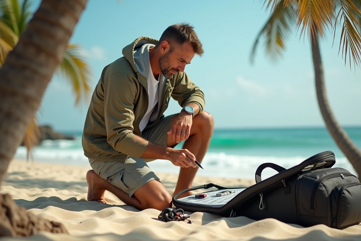 Homme préparant son matériel de surf sur la plage ensoleillée