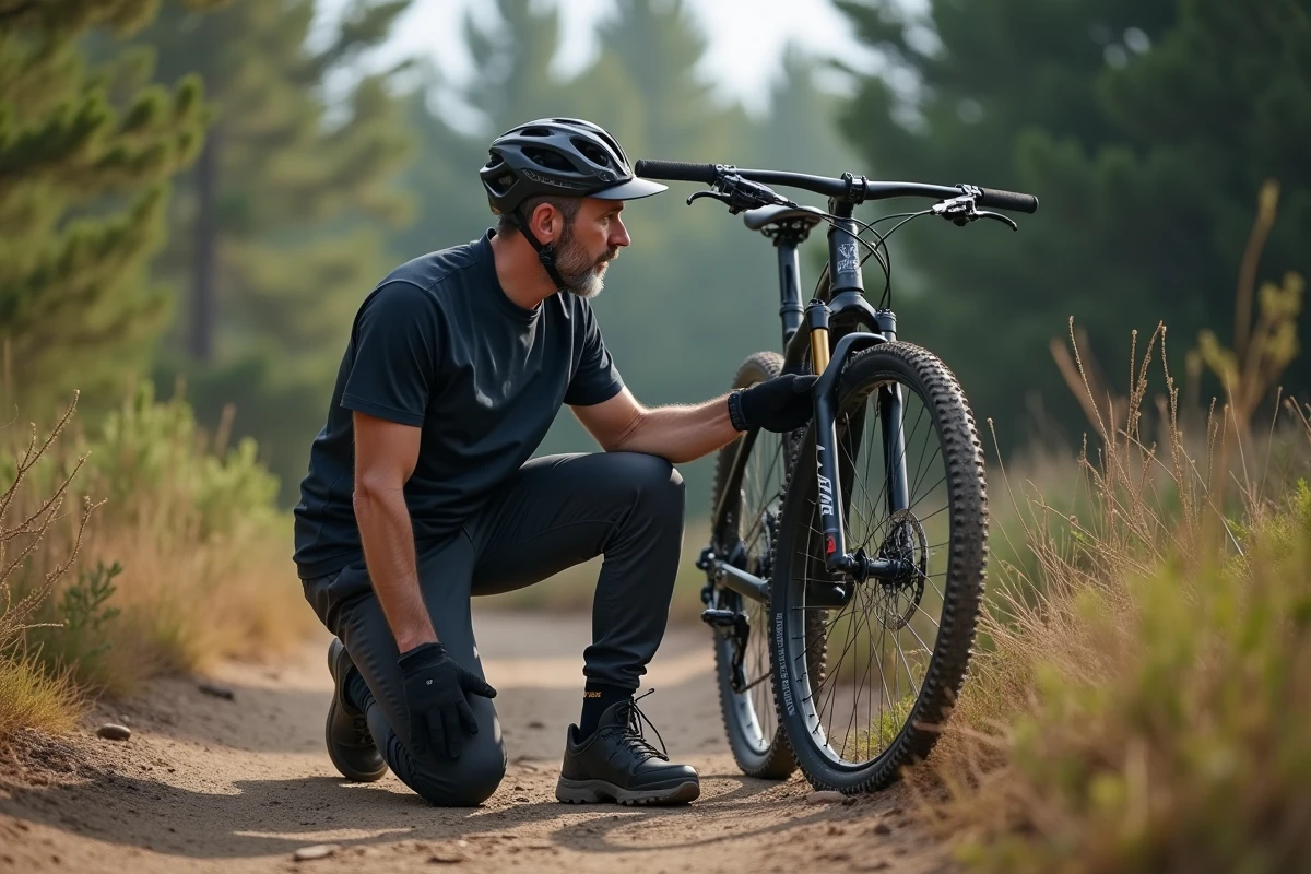 Homme vérifiant la pression de son pneu de VTT au matin