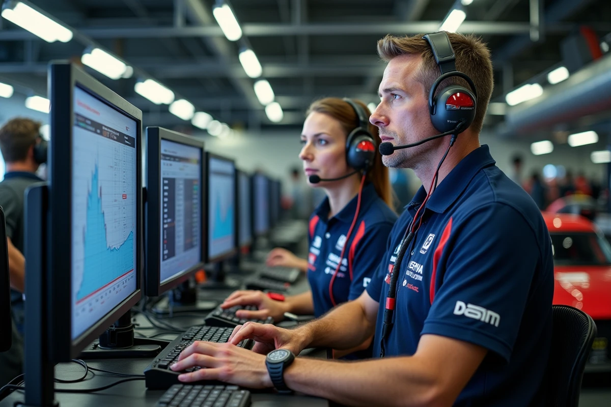 Ingénieurs d'une équipe F1 analysant des données de télémétrie dans le garage du paddock lors du Grand Prix 2026
