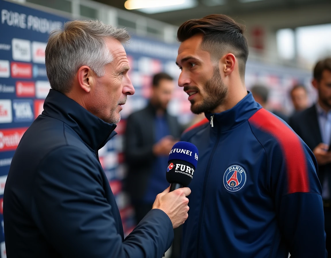 Interview d'un joueur du PSG par un journaliste sportif dans la zone mixte