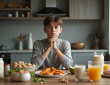 Jeune adulte inquiet à table avec aliments riches en protéines