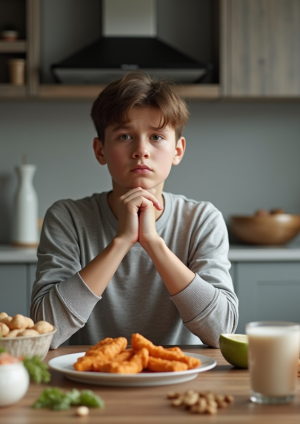 Jeune adulte inquiet à table avec aliments riches en protéines