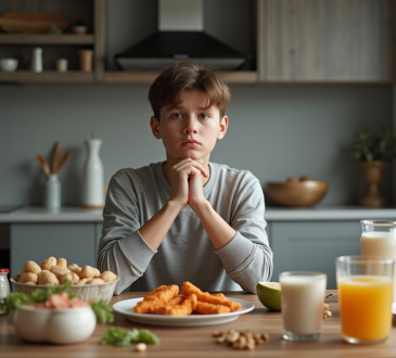 Jeune adulte inquiet à table avec aliments riches en protéines