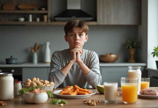 Jeune adulte inquiet à table avec aliments riches en protéines