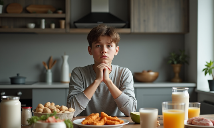 Jeune adulte inquiet à table avec aliments riches en protéines