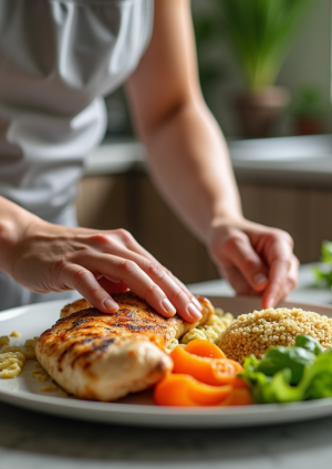 Jeune athlète préparant une assiette colorée de poulet quinoa et légumes