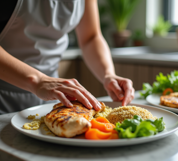 Jeune athlète préparant une assiette colorée de poulet quinoa et légumes