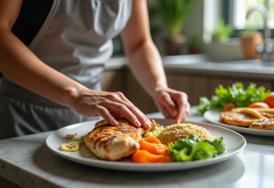 Jeune athlète préparant une assiette colorée de poulet quinoa et légumes