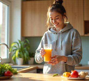 Jeune femme souriante préparant une boisson énergie maison dans la cuisine