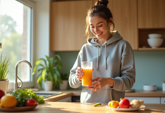 Jeune femme souriante préparant une boisson énergie maison dans la cuisine