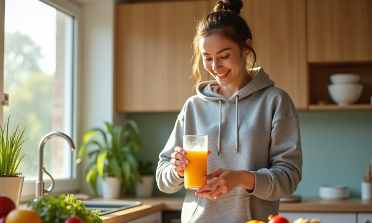 Jeune femme souriante préparant une boisson énergie maison dans la cuisine