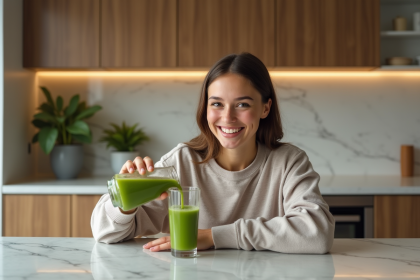 Jeune femme souriante verse un jus vert dans une cuisine moderne