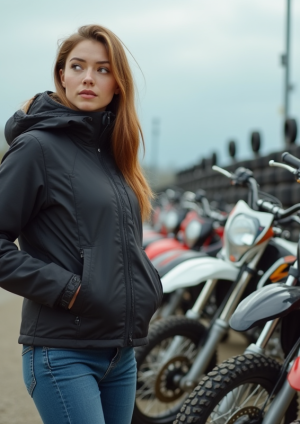 Jeune femme examine des motos 125cc en concession motocross