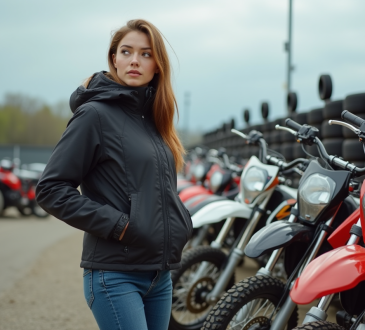 Jeune femme examine des motos 125cc en concession motocross